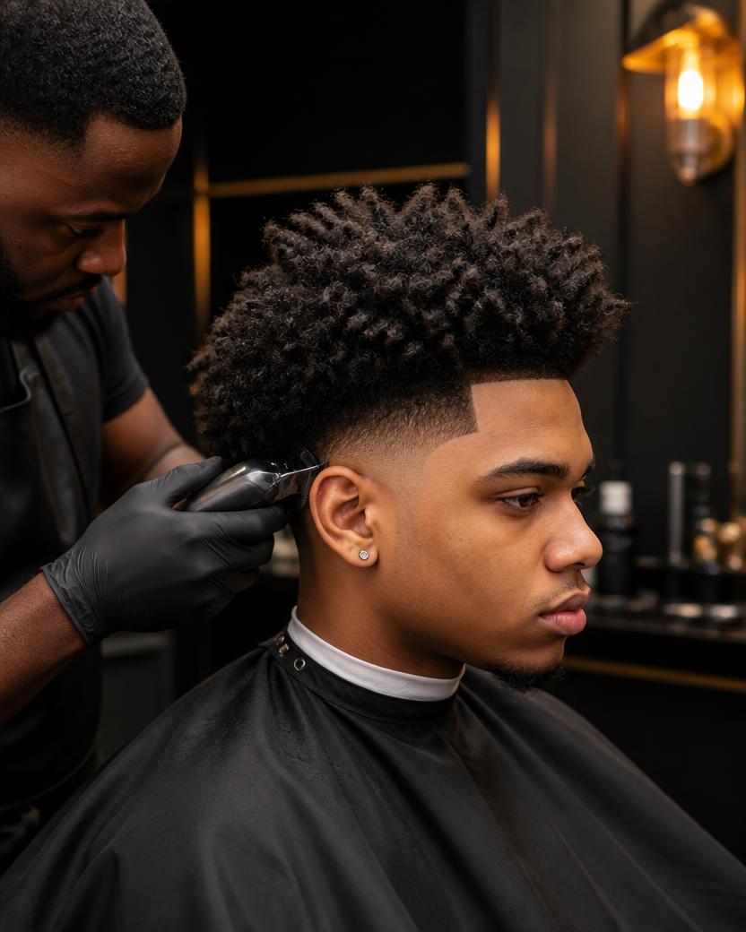 Barber fading and shaping textured curly hair with a sharp line-up