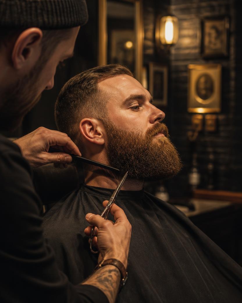 Barber shaping a full beard with comb and scissors