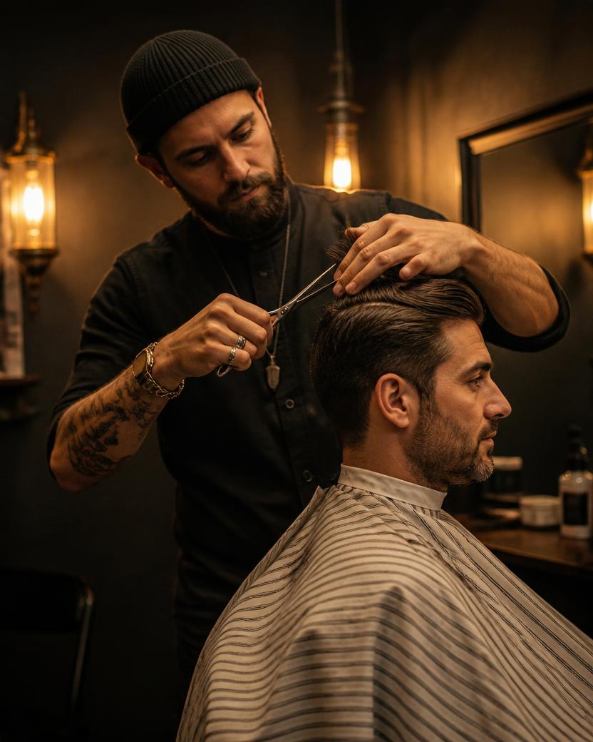 Barber giving a precision scissor haircut at City Barber