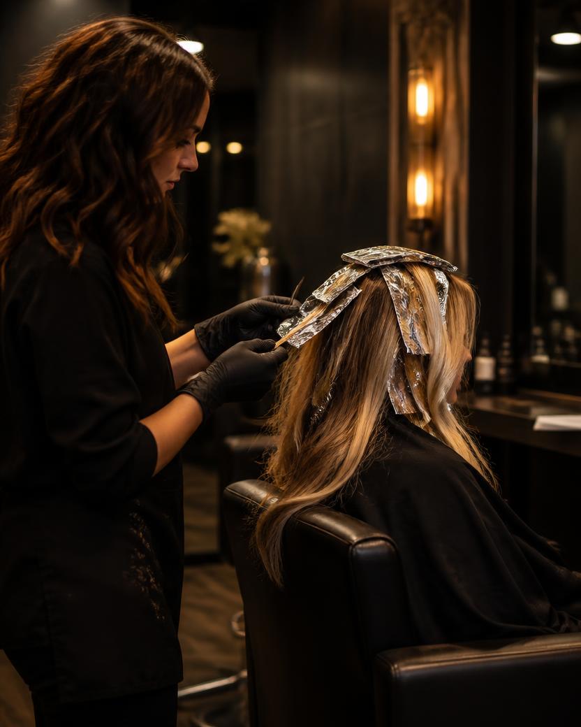 Stylist applying highlight foils to a client's hair
