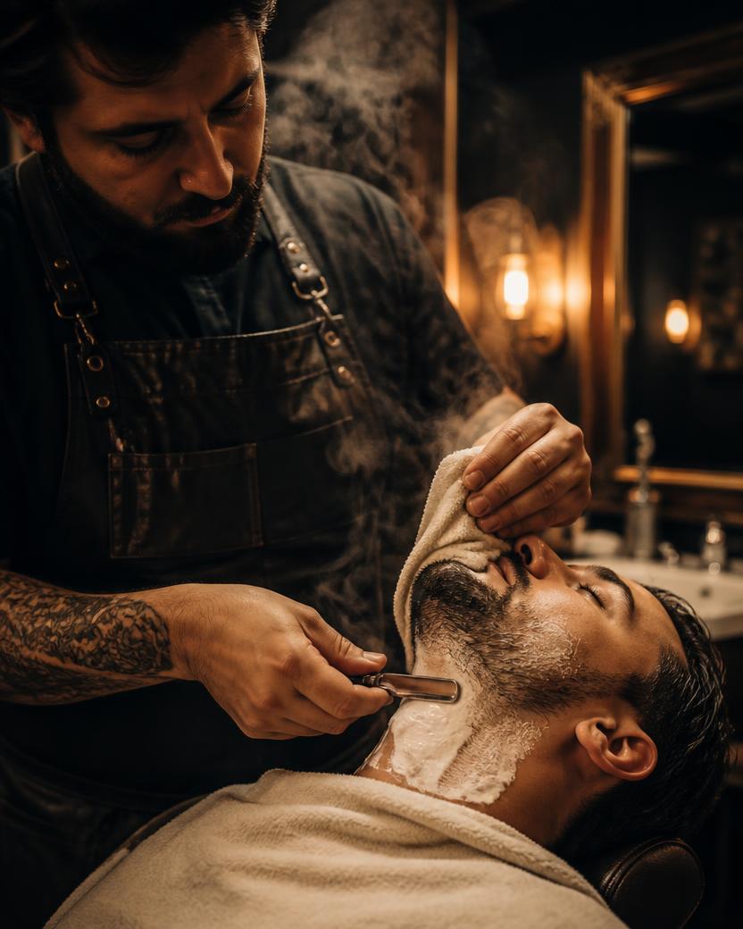 Hot towel straight razor shave in progress