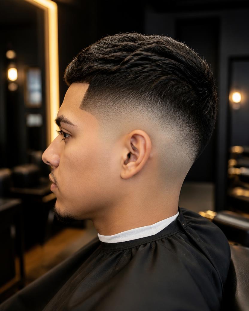Side profile of a crisp taper fade blended down to the skin